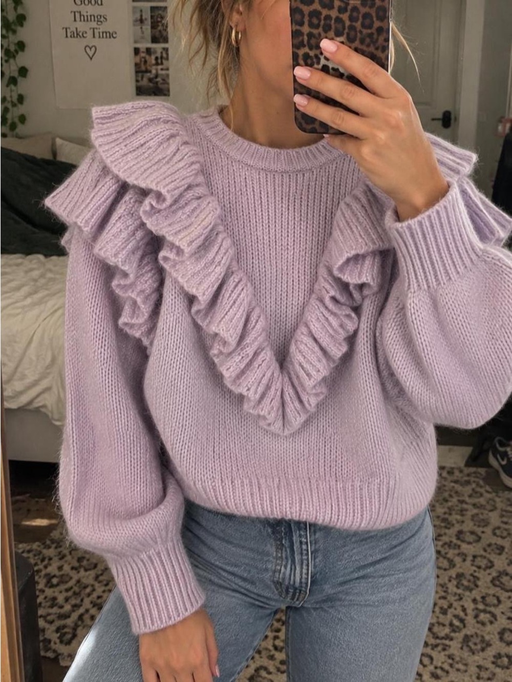 Zara Lavender Ruffle-Trim Crew Neck Sweater